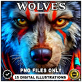 Tribal Wolves PNG Clipart: 15 High-Res Digital Art Prints, Bold Wolf Faces, Instant Download, Printable Art, Tribal Art