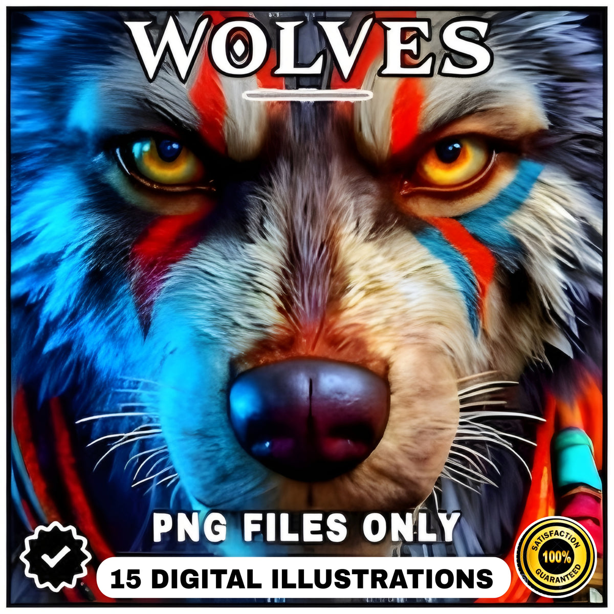 Tribal Wolves PNG Clipart: 15 High-Res Digital Art Prints, Bold Wolf Faces, Instant Download, Printable Art, Tribal Art