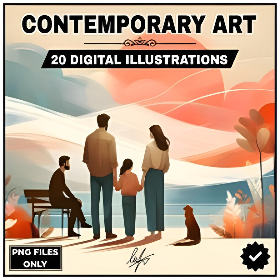 Contemporary Art - 20 Digital Illustrations - Family, Love, Pets And Abstract Designs | High-Quality PNG Files | Printable Art, Instant Download