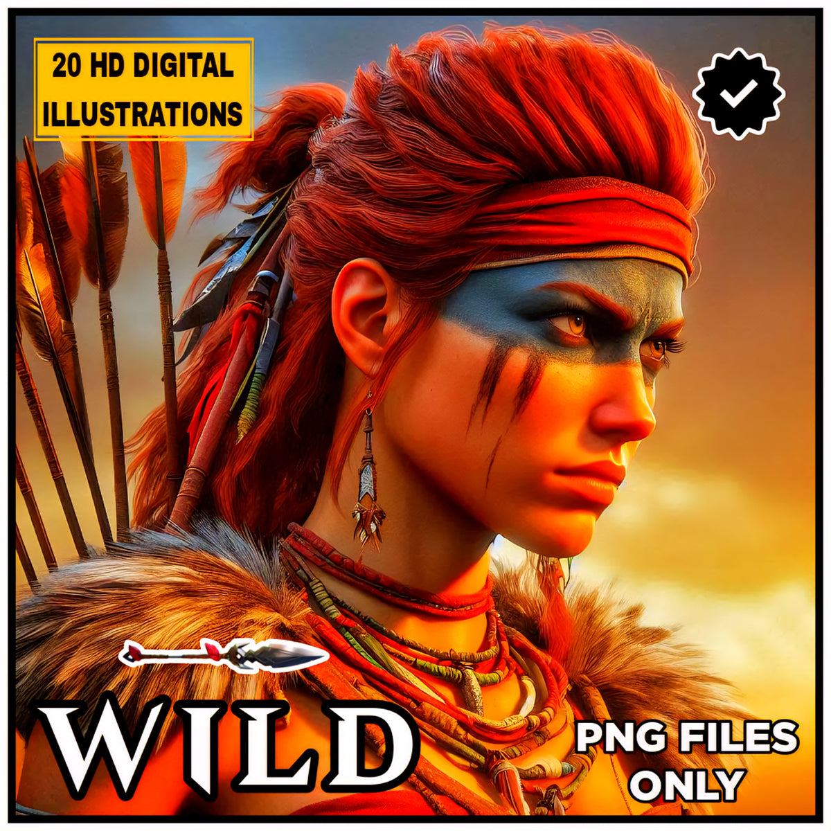 Wild Warriors: 20 HD Digital Art PNGs | Tribal Goddess Illustrations, Ethnic Art, Fantasy Portraits, Instant Download, Printable Art